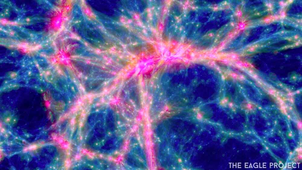 "A visualisation of the filaments of the intergalactic medium and cosmic web from the EAGLE simulations."