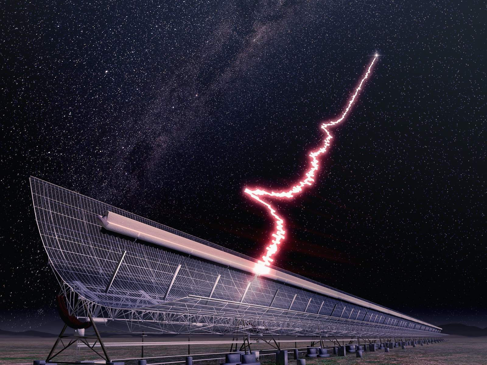 "An artists interpretation of an FRB being detected at the Molonglo Radio Telescope."
